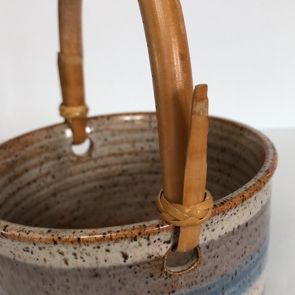 Art Pottery Glazed Basket Style Bowl With Bamboo Handle-Signed - Picture 4 of 15